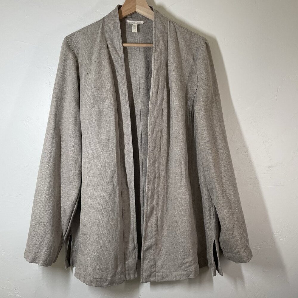 Eileen Fisher 100% Linen Open Front Collarless Jacket Natural Tan Beige Large